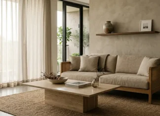 Japandi Interior Design: The Complete Luxury Guide (2026) Luxury Japandi interior design living room with oak sofa, travertine table, and plaster wall