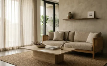 Luxury Japandi interior design living room with oak sofa, travertine table, and plaster wall
