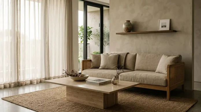 Luxury Japandi interior design living room with oak sofa, travertine table, and plaster wall