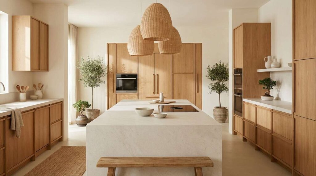 Luxury Japandi kitchen design with natural oak cabinetry, stone countertops, warm lighting, and minimalist styling.