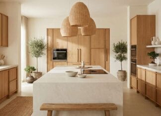 Japandi Kitchen Design: Minimalist Luxury for the Home Chef Luxury Japandi kitchen design with natural oak cabinetry, stone countertops, warm lighting, and minimalist styling.
