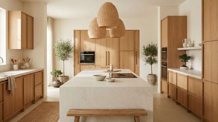 Luxury Japandi kitchen design with natural oak cabinetry, stone countertops, warm lighting, and minimalist styling.