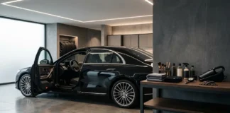 Luxury auto accessories and car care products beside a premium black car in a modern garage