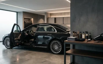 Luxury auto accessories and car care products beside a premium black car in a modern garage