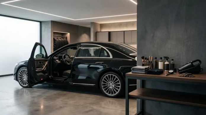 Luxury auto accessories and car care products beside a premium black car in a modern garage