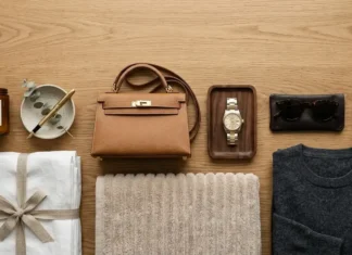 Luxury Essentials: Clothing, Bags & Home Products Luxury essentials including clothing, leather bags, watches, sheets, towels, and home products