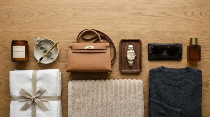 Luxury essentials including clothing, leather bags, watches, sheets, towels, and home products