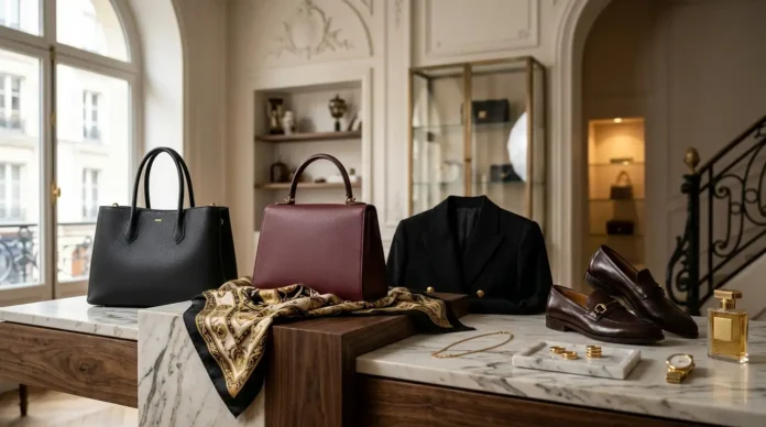 Luxury fashion houses featuring elegant handbags, tailoring, and accessories