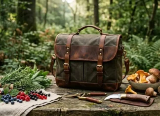 Luxury waxed canvas and full-grain leather foraging bag with woodland harvest tools and mushrooms