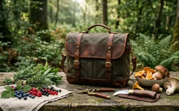 Best Foraging Bag: 7 Luxury Picks for Woodland Harvests Luxury waxed canvas and full-grain leather foraging bag with woodland harvest tools and mushrooms