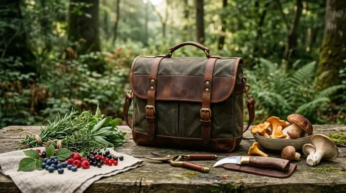 Luxury waxed canvas and full-grain leather foraging bag with woodland harvest tools and mushrooms