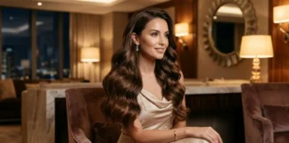 Luxy Hair Extensions styled into long glossy waves for a luxury beauty look