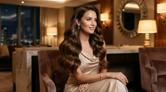 Luxy Hair Extensions styled into long glossy waves for a luxury beauty look