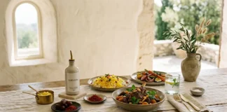 Nizam Al-Tayyibat luxury diet with elegant Middle Eastern foods and artisanal fats on a luxury dining table