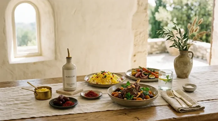 Nizam Al-Tayyibat luxury diet with elegant Middle Eastern foods and artisanal fats on a luxury dining table