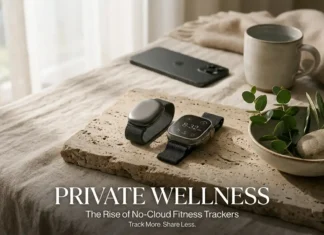 No-cloud fitness tracker beside a smartphone in a minimalist luxury wellness setting