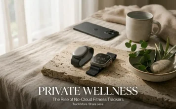 No-cloud fitness tracker beside a smartphone in a minimalist luxury wellness setting