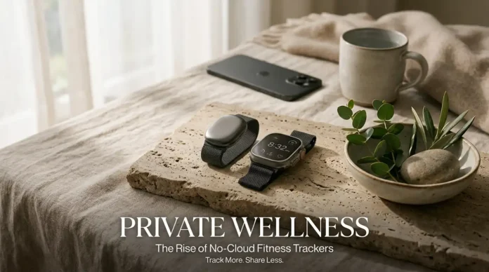 No-cloud fitness tracker beside a smartphone in a minimalist luxury wellness setting