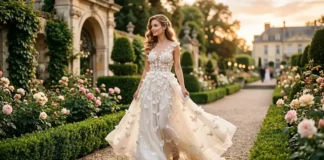 Romantic butterfly dress styled as an elegant luxury fashion look in a garden