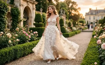 Romantic butterfly dress styled as an elegant luxury fashion look in a garden