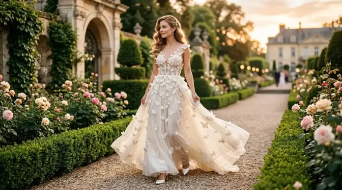 Romantic butterfly dress styled as an elegant luxury fashion look in a garden