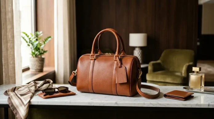 Small luxury duffle bag in cognac leather styled with elegant travel accessories