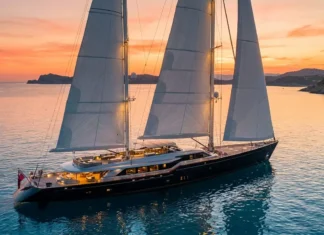 Orient Express Corinthian Review: Inside the €27k Cruise Exterior view of the Orient Express Corinthian luxury sailing yacht with fully raised sails at sunset