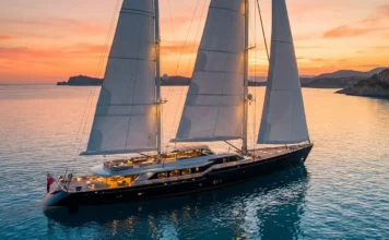 Orient Express Corinthian Review: Inside the €27k Cruise Exterior view of the Orient Express Corinthian luxury sailing yacht with fully raised sails at sunset