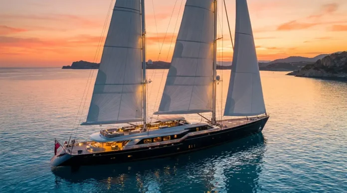 Exterior view of the Orient Express Corinthian luxury sailing yacht with fully raised sails at sunset