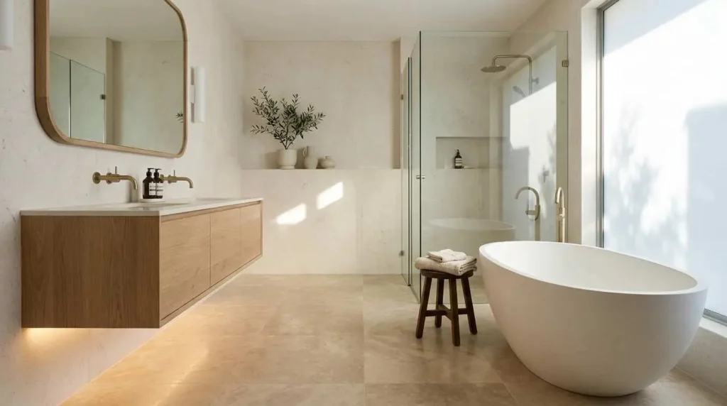Japandi bathroom design with natural oak vanity, stone surfaces, warm lighting, and spa-like luxury