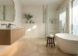 Japandi Bathroom Design: Spa-Like Serenity at Home Japandi bathroom design with natural oak vanity, stone surfaces, warm lighting, and spa-like luxury