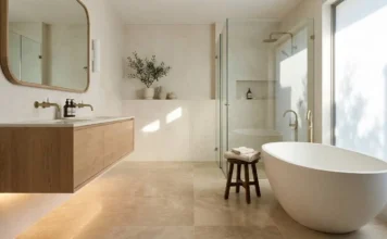 Japandi bathroom design with natural oak vanity, stone surfaces, warm lighting, and spa-like luxury