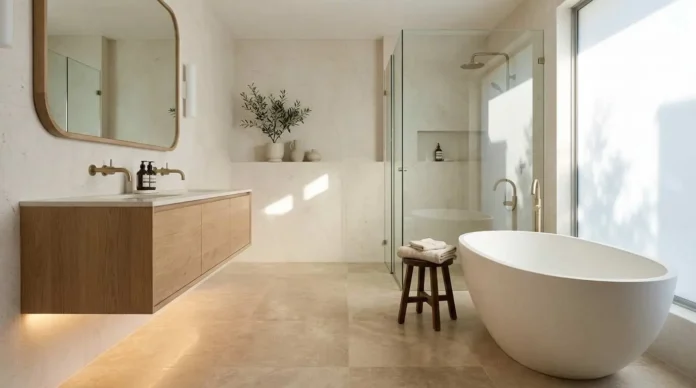 Japandi bathroom design with natural oak vanity, stone surfaces, warm lighting, and spa-like luxury