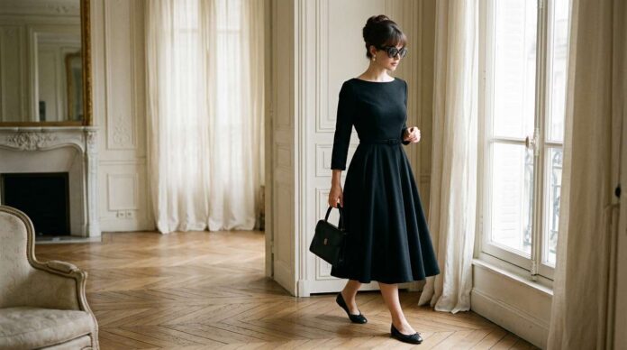 Audrey Hepburn dress style inspired by a timeless black midi dress and elegant accessories