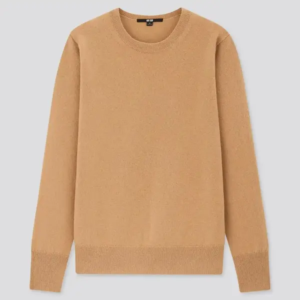 Camel cashmere crewneck sweater for a timeless, understated luxury winter wardrobe.