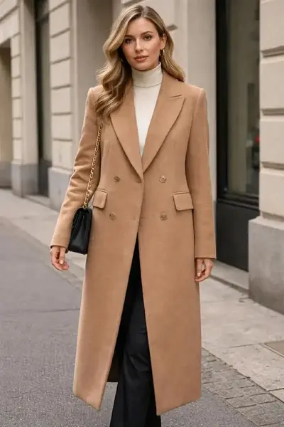 Camel wool coat with a timeless tailored silhouette for an elegant old money winter wardrobe.