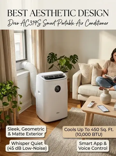 Dreo AC319S smart portable air conditioner featuring a sleek modern design, digital controls, and app connectivity.