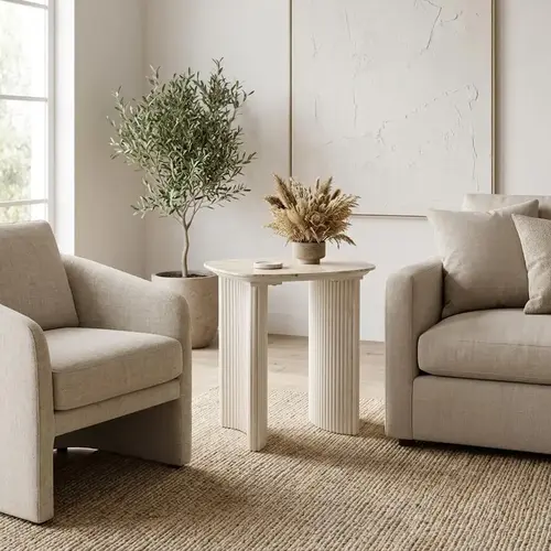 10 Real Travertine Decor Pieces That Elevate Your Living Room 2 Fluted Wood Travertine Top Side Table for Living Room