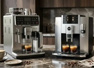 Gaggia vs Jura: Which Espresso Machine Is Better? Gaggia Accademia vs JURA automatic espresso machines compared side by side on a kitchen countertop.