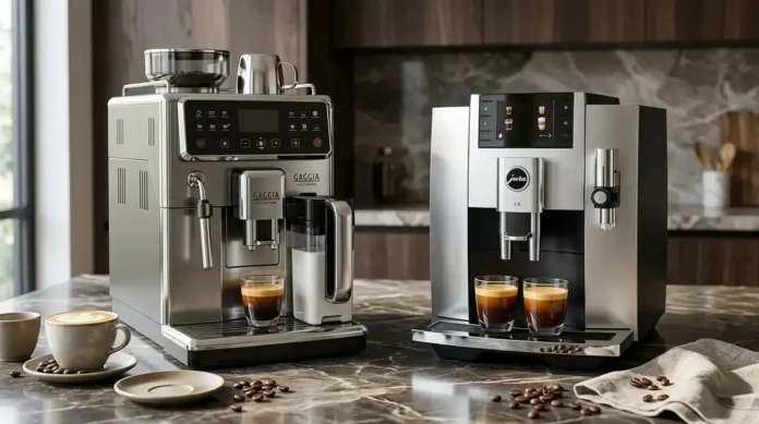 Gaggia Accademia vs JURA automatic espresso machines compared side by side on a kitchen countertop.