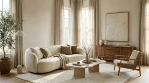 Quiet luxury home decor featuring warm neutral tones, minimalist furniture, natural textures, and elegant modern styling.