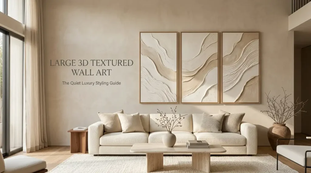 Large 3D Textured Wall Art for Quiet Luxury Homes 6 Large 3D textured wall art in ivory and beige above a cream sofa in an organic modern living room.