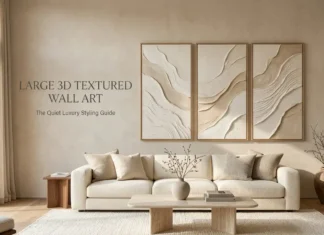 Large 3D Textured Wall Art for Quiet Luxury Homes Large 3D textured wall art in ivory and beige above a cream sofa in an organic modern living room.