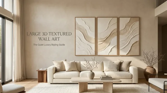 Large 3D textured wall art in ivory and beige above a cream sofa in an organic modern living room.