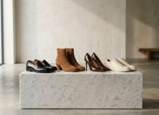 Luxury footwear collection featuring premium leather shoes, elegant heels, boots, and loafers
