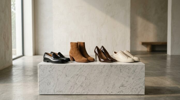 Luxury footwear collection featuring premium leather shoes, elegant heels, boots, and loafers