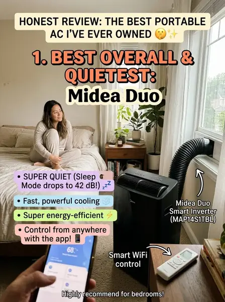 Midea Duo 10,000 BTU smart inverter portable air conditioner with dual-hose exhaust system for quiet room cooling.