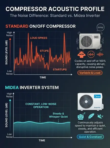 Comparison infographic showing steady compressor operation with a Midea inverter system versus noise spikes from a standard on-off air conditioner compressor.