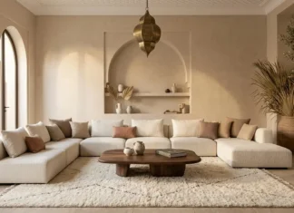 Modern Moroccan living room with ivory majlis seating, a walnut coffee table, a textured wool rug, and an elegant brass Moroccan lantern.