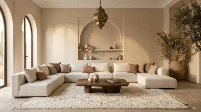 Modern Moroccan living room with ivory majlis seating, a walnut coffee table, a textured wool rug, and an elegant brass Moroccan lantern.